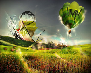 Green field balloon house sky - a green field free wallpaper