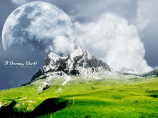 Green field mountain full moon - full free wallpaper