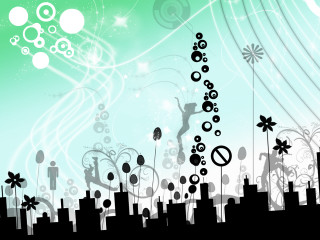 City skyline person jumping bubbles - white circle free wallpaper