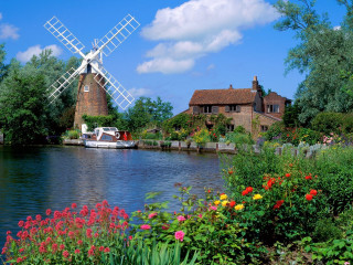 Windmill river flowers boat scenery 2 - impressionist free wallpaper