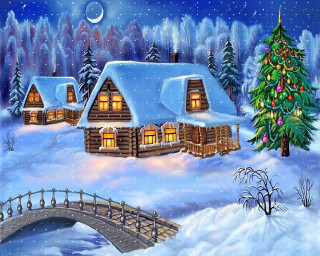 Snowy cabin christmas tree bridge 2 - kinkade free wallpaper