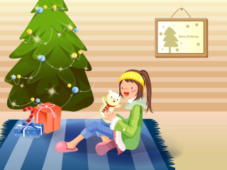 Girl cat christmas tree gift - a gift box free wallpaper