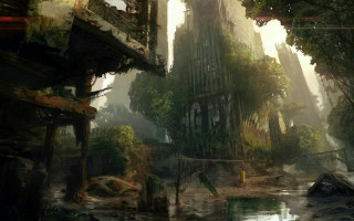 City trees buildings background painting - craig mullins free wallpaper