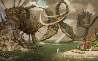 Giant octopus attacking city beach - a giant octopus free wallpaper