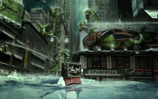 Man flooded street city sign - cinematic free wallpaper for desktop