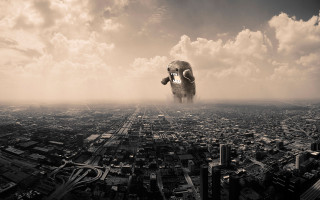 Large elephant flying city cloudy - surreal photography free wallpaper
