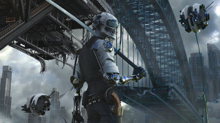 Futuristic man suit sword cityscape - futuristic free wallpaper