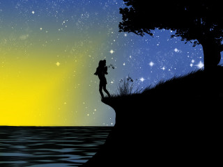 Person standing cliff stargazing water - the star free wallpaper