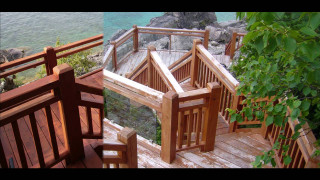 Wooden staircase beach ocean cliffs - ray free wallpaper