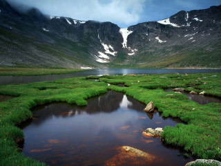 Small pond grass mountains snow 3 - a small pond free wallpaper