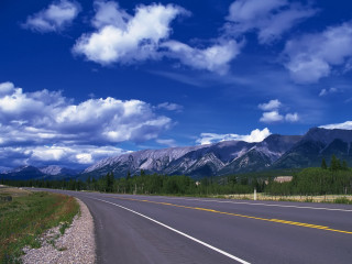 Road mountains blue sky clouds - a few white cloud free wallpaper