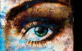 Woman eye words blue background - analytical free wallpaper