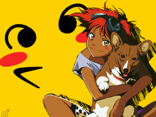 Woman dog yellow background anime - free dogs wallpaper