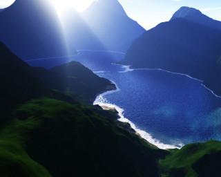 Mountain lake sky sunbeam nature - a large body of water free wallpaper