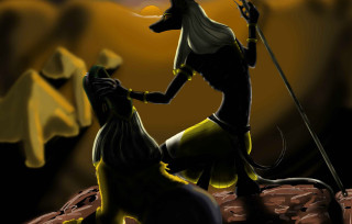 Woman dog rocky sky fantasy - egyptian art free wallpaper