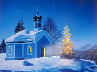 Church snow christmas tree blue - star and a moon free wallpaper