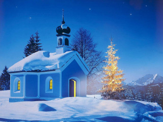 Church snow christmas tree blue 3 - star and a moon free wallpaper