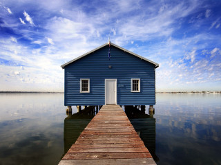 Blue house wooden pier water - a dock in front free wallpaper