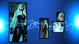 Woman black outfit blue background - lightening free wallpaper