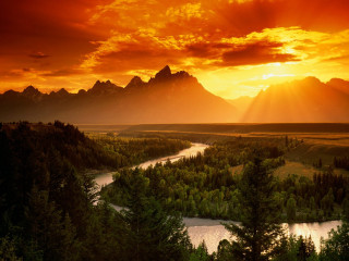 Sunset river mountains red sky - the middle of the forest free wallpaper