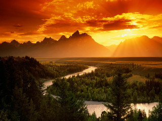Sunset river mountains red sky 2 - a red sky above free wallpaper