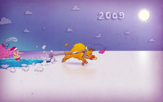 Cartoon character attacking pig sky - sots art free wallpaper