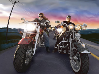Men motorcycles road forest sunset 2 - digital painting free wallpaper