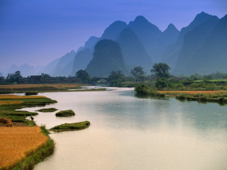 River rocks mountains grass background - the middle of it free wallpaper