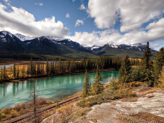 Blue river mountains trees sky - alexander brook free wallpaper