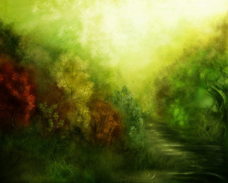 Forest path tree leaves flowers - a painting of a forest free wallpaper