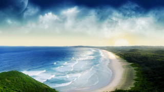 Beach sand horizon mountain water - a sun setting free wallpaper