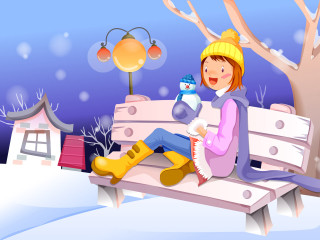 Girl bench snow snowman lamp 4 - a bench in the snow free wallpaper