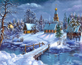 Snowy winter church bridge river 3 - kinkade free wallpaper
