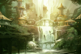 Waterfall bridge forest painting nature - craig mullins free wallpaper