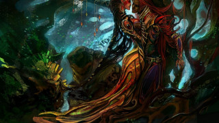 Woman dreadlocks red dress forest - league of legends concept art free wallpaper