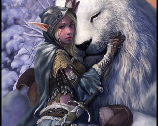 Woman costume hugging white wolf - a snowy background free wallpaper
