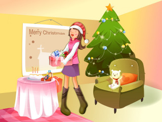 Girl holding present christmas tree 2 - present free wallpaper