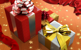 Wrapped presents table red gold 2 - 3 d free wallpaper