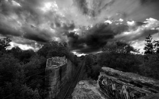 Train track clouds trees fence 3 - tree below free wallpaper