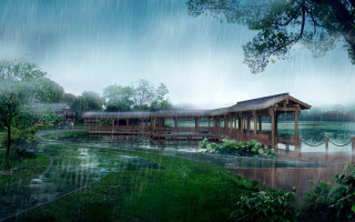 Rain soaked pavilion lake bridge 3 - a walkway free wallpaper