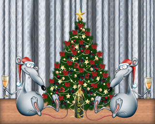 Christmas tree mice sitting next - naive art free wallpaper
