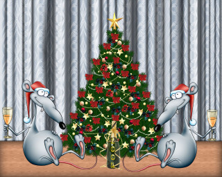 Christmas tree mice sitting next 2 - naive art free wallpaper