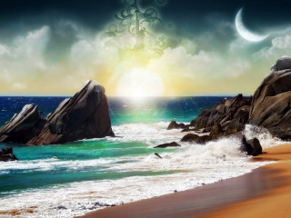 Beach rock formation ocean cross - matte fantasy painting free wallpaper
