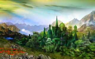 Castle mountain red flower painting - matte fantasy painting free wallpaper