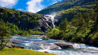 Waterfall river trees grass rocks - a grassy area free wallpaper