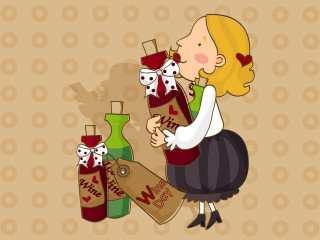 Woman sitting ground bottle wine 2 - illustration free wallpaper