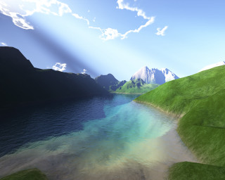 Lake mountains grass sky sunbeams 3 - volumetric free wallpaper