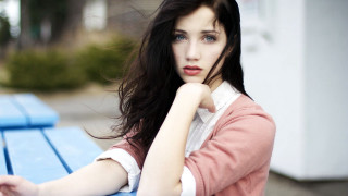 Woman sitting blue bench arms - pale free wallpaper