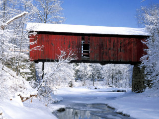 Red covered bridge snow stream - alson s. clark free wallpaper