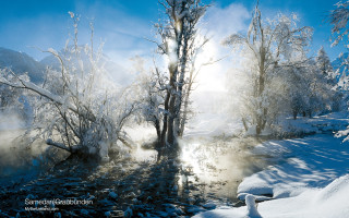 River snow trees rocks sunshine 2 - the snow free wallpaper